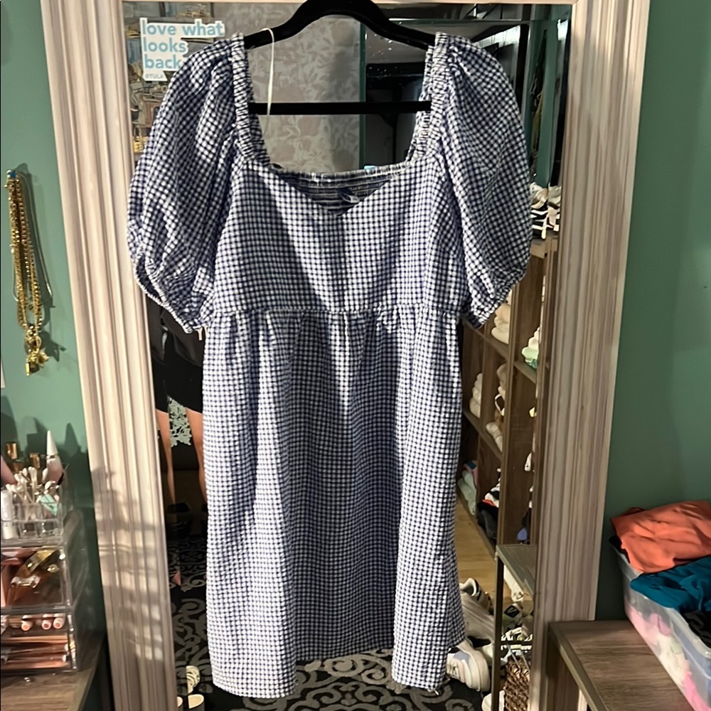 Blue Gingham Puff Sleeve Dress